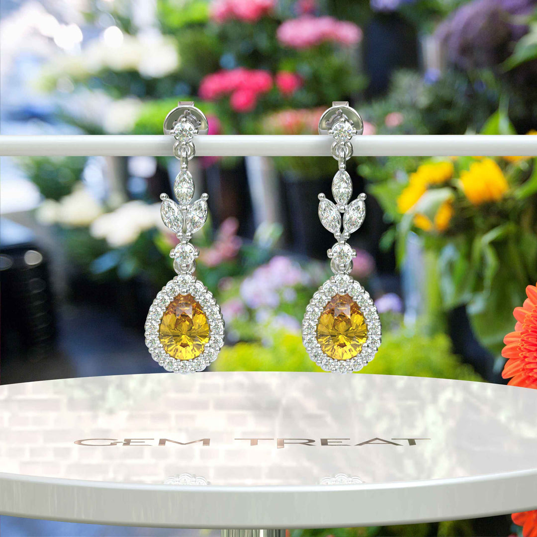 Golden Radiance: Pear Cut Citrine Drop Earrings with Sparkling Moissanite Halo.