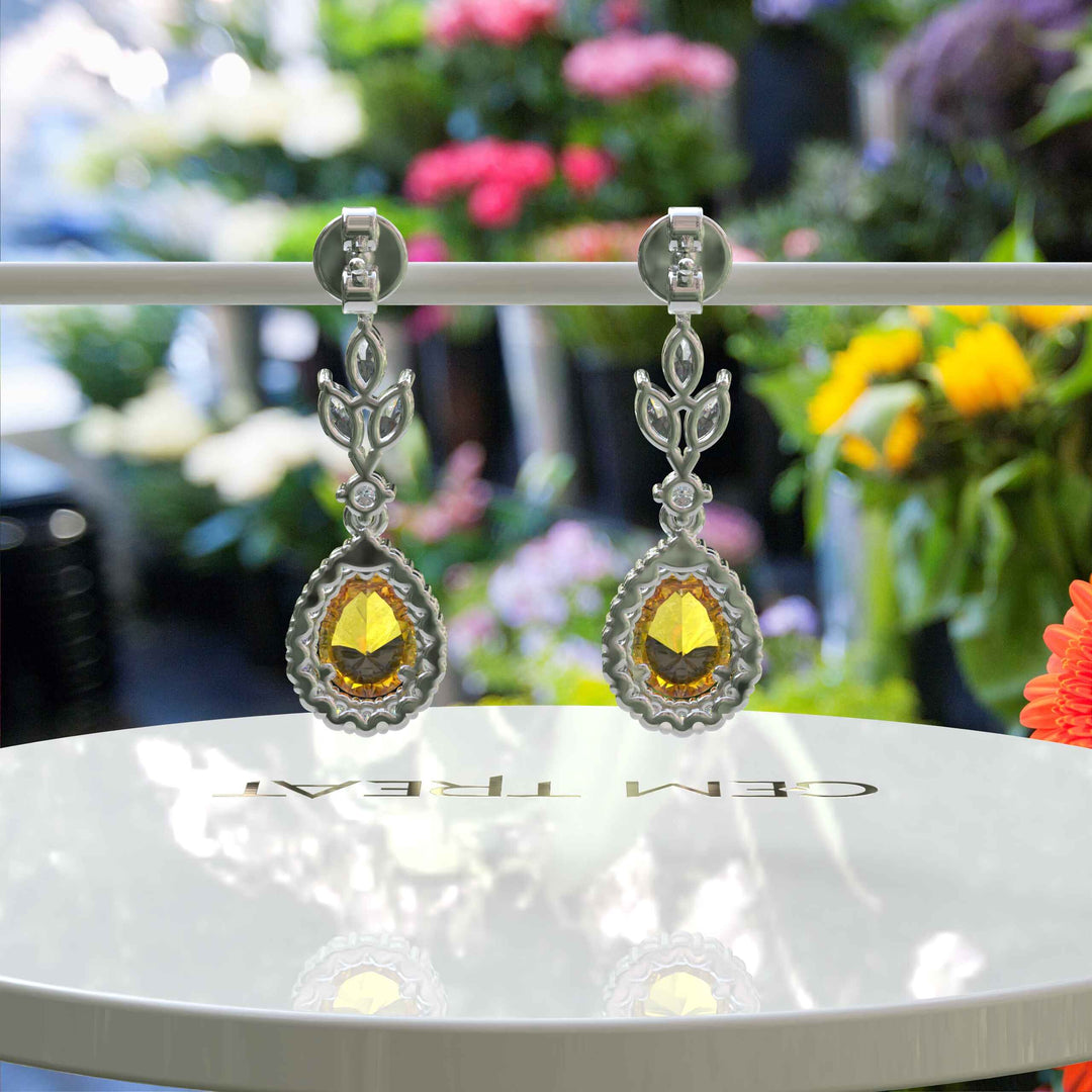 Golden Radiance: Pear Cut Citrine Drop Earrings with Sparkling Moissanite Halo.