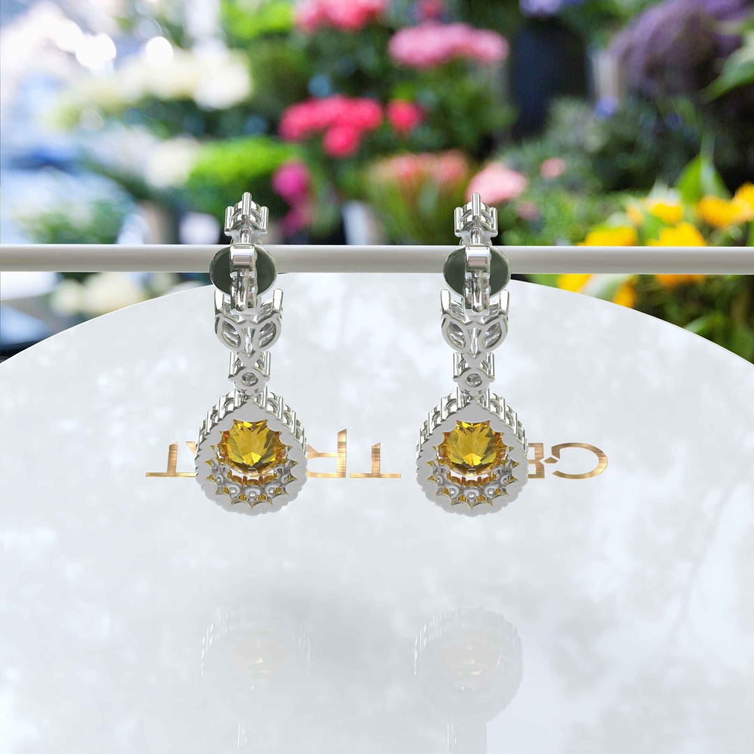 Golden Radiance: Pear Cut Citrine Drop Earrings with Sparkling Moissanite Halo.