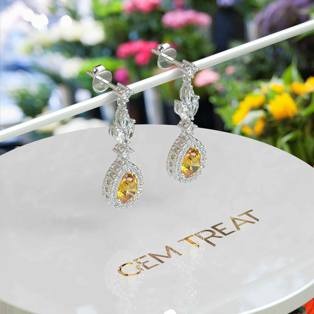 Golden Radiance: Pear Cut Citrine Drop Earrings with Sparkling Moissanite Halo.