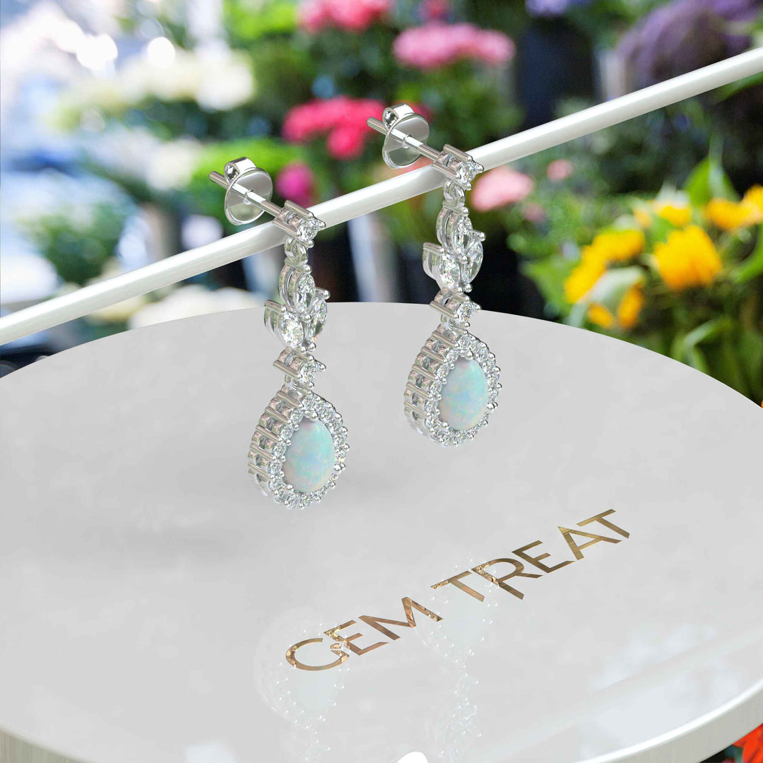 Galactic Beauty: Pear Cut Opal Earrings with Moissanite Halo, Drop Style.