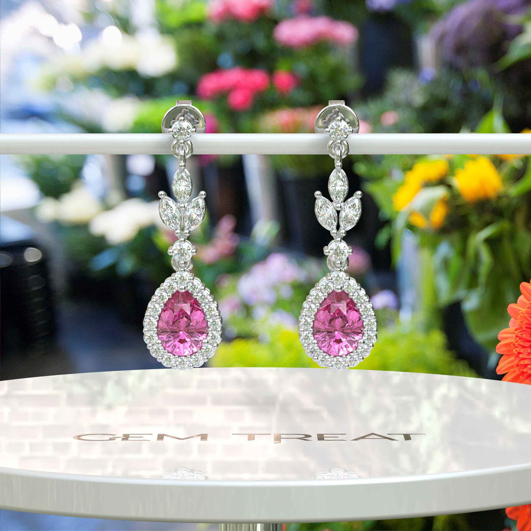 Blush Bloom: Pear Pink Sapphire Drop Earrings with Moissanite Halo