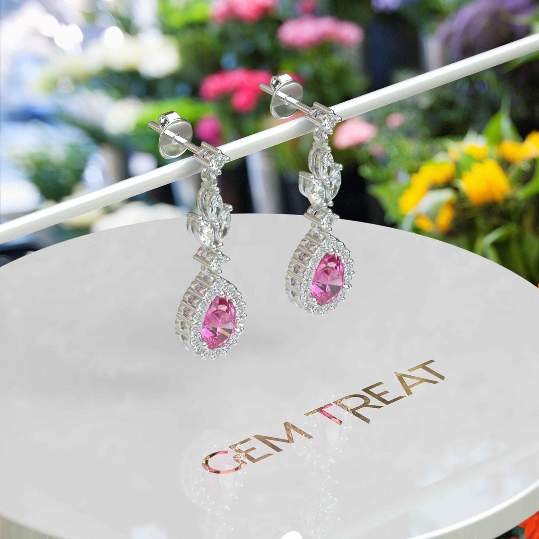 Blush Bloom: Pear Pink Sapphire Drop Earrings with Moissanite Halo