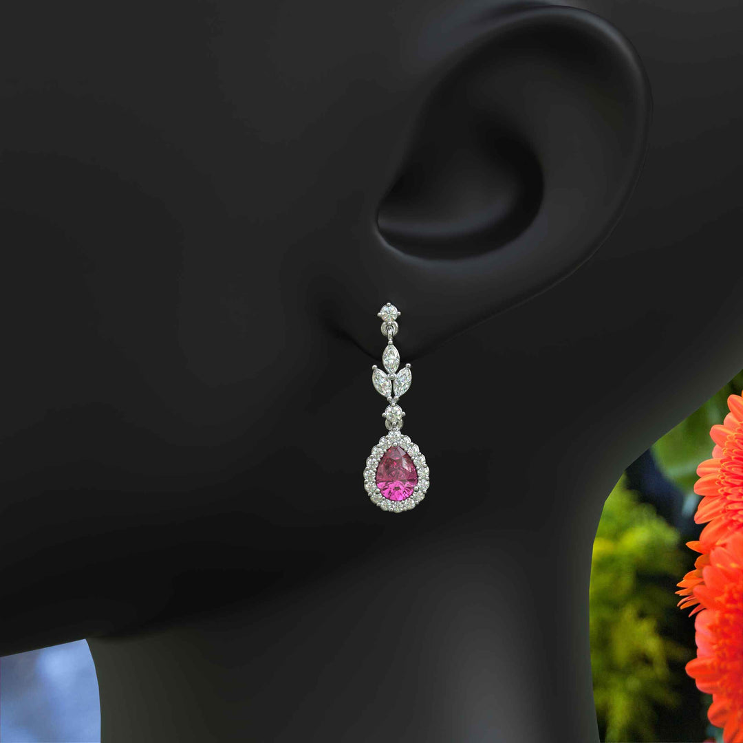 Blush Bloom: Pear Pink Sapphire Drop Earrings with Moissanite Halo