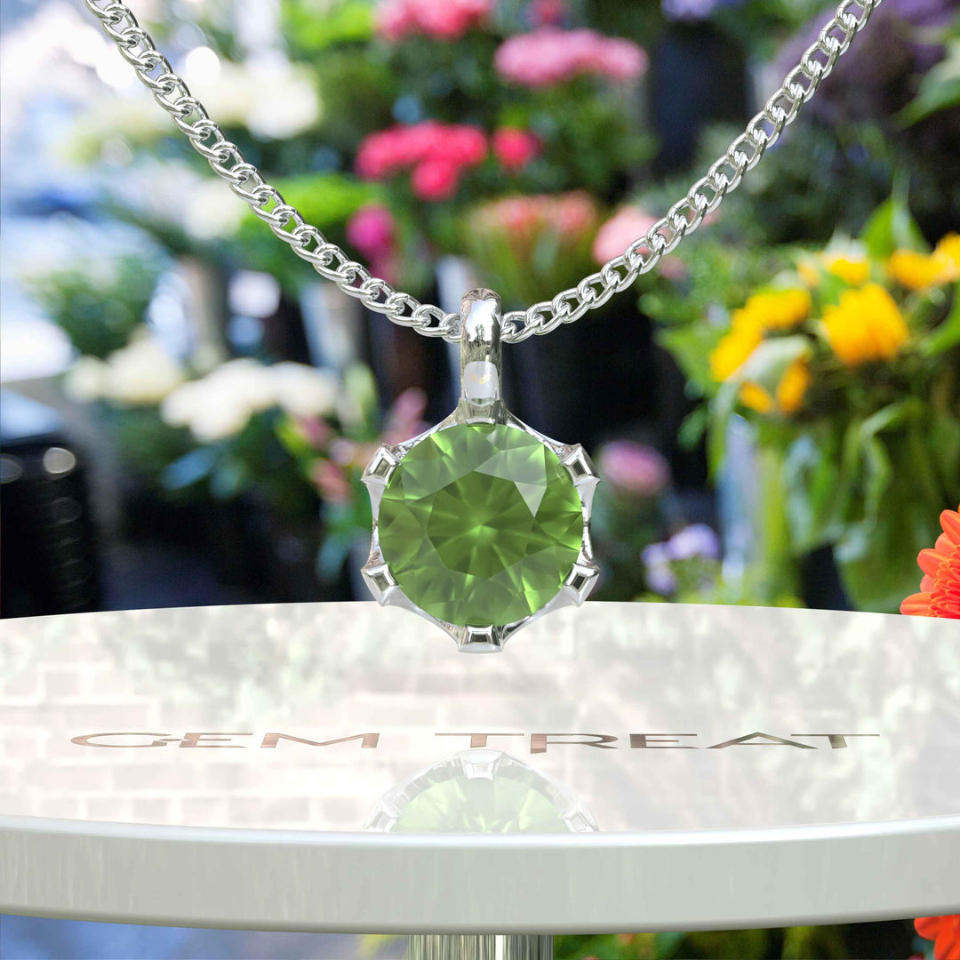 Jeweled Symphony: A Round Peridot Solitaire Pendant Necklace Awaits