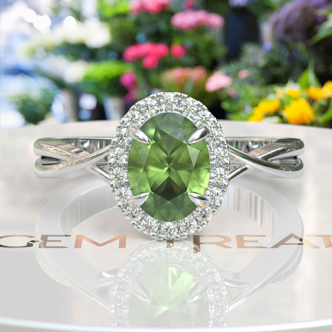 Green Oasis & Spiraled Elegance: Halo Ring Spotlighting Oval Peridot with Twisted Shank