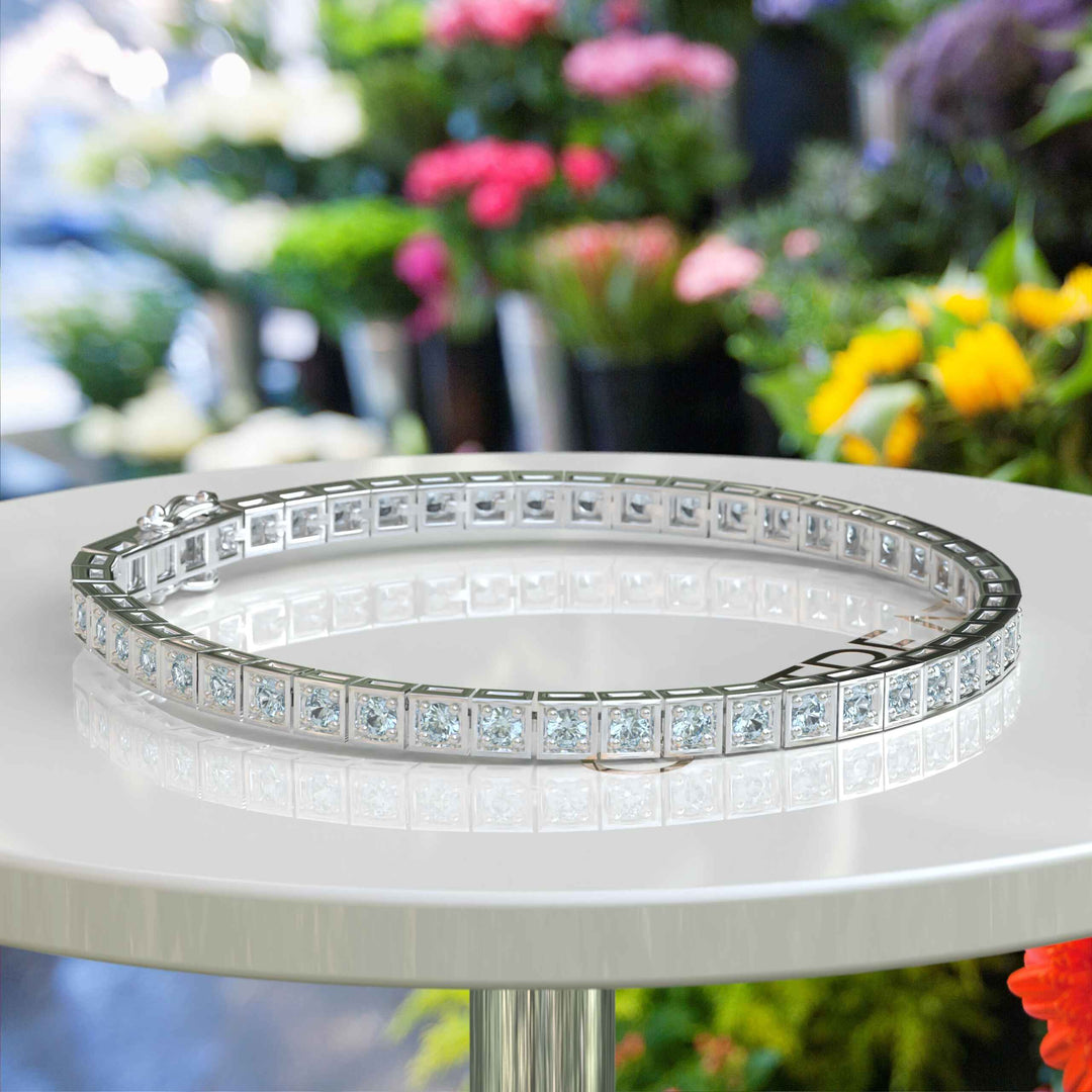 Ocean's Caress: Round Aquamarine Tennis Bracelet in Sterling Silver