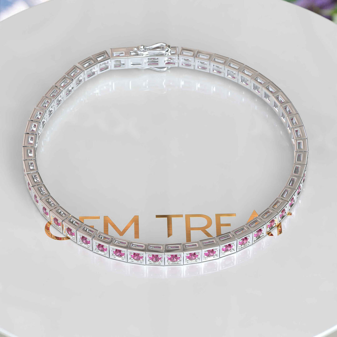 Elegance Unleashed: Round Pink Sapphire Tennis Bracelet Masterpiece