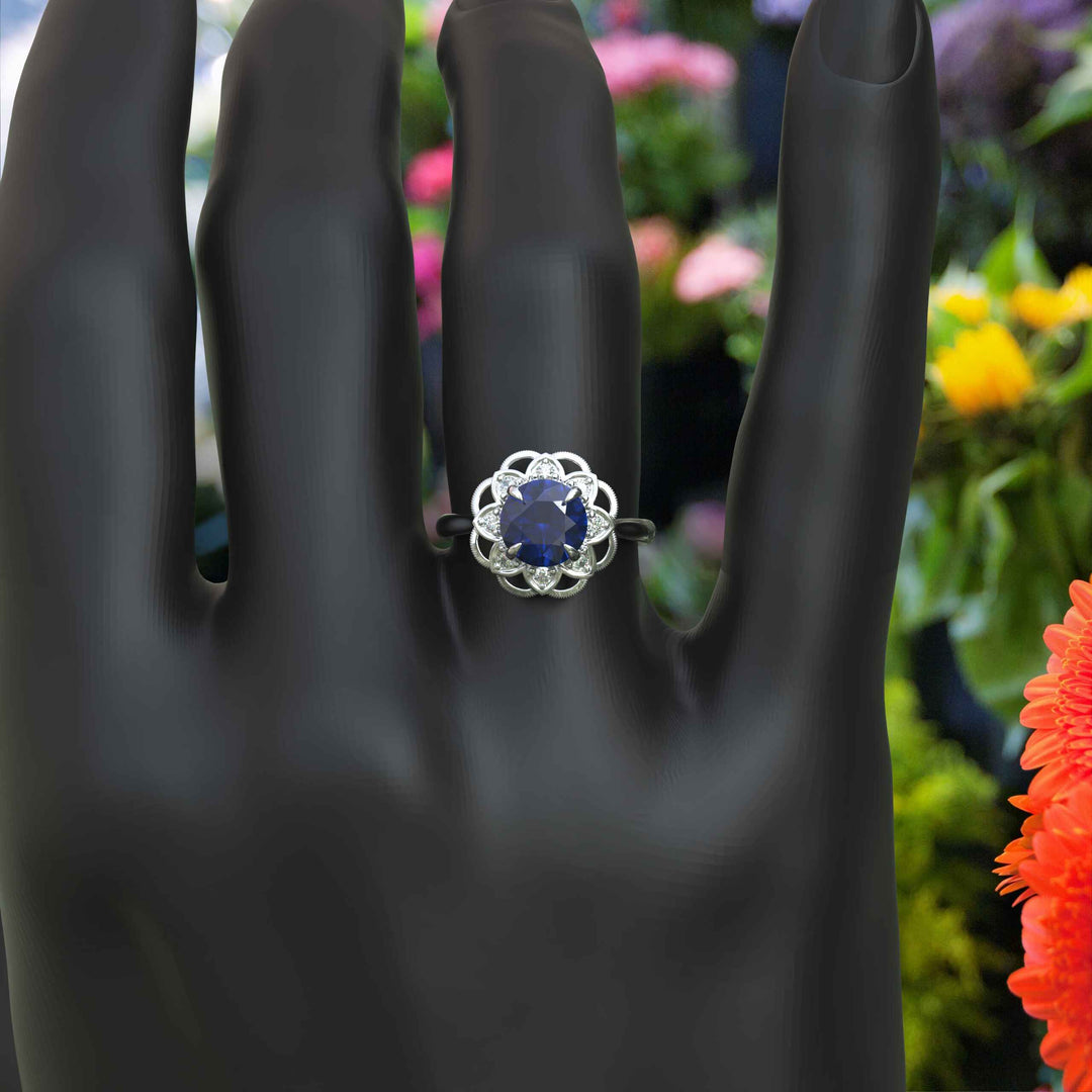 Deep Azure Dream: Round London Blue Topaz Ring with Moissanite Halo Brilliance