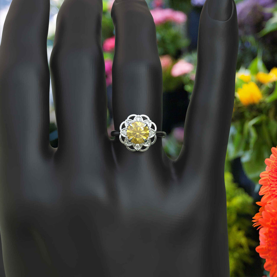 Sapphire Splendor: Floral Round Yellow Sapphire Halo Ring