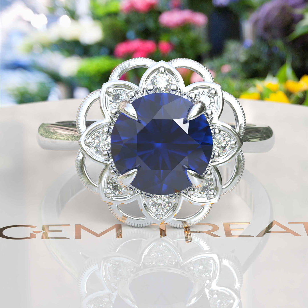 Deep Azure Dream: Round London Blue Topaz Ring with Moissanite Halo Brilliance