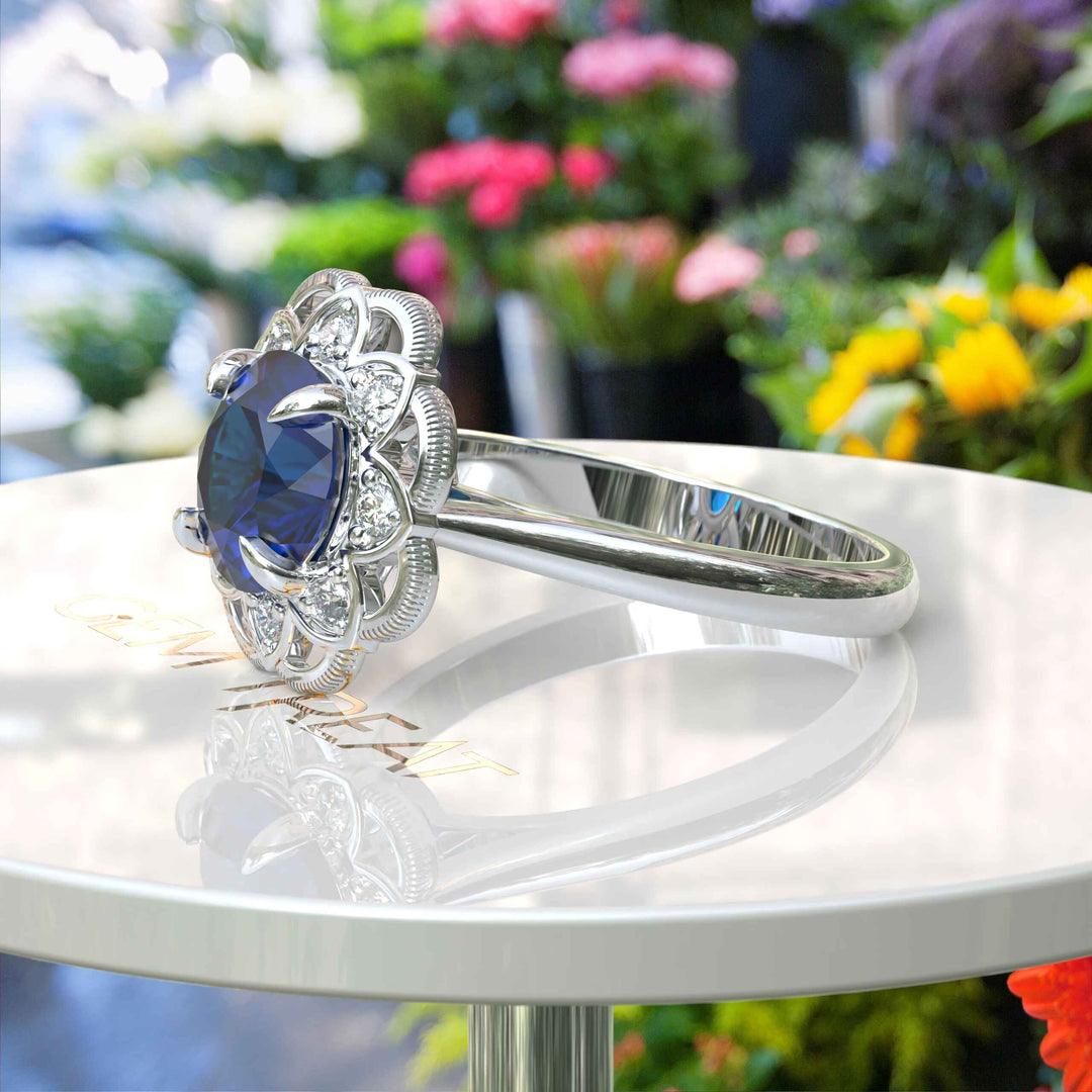 Deep Azure Dream: Round London Blue Topaz Ring with Moissanite Halo Brilliance