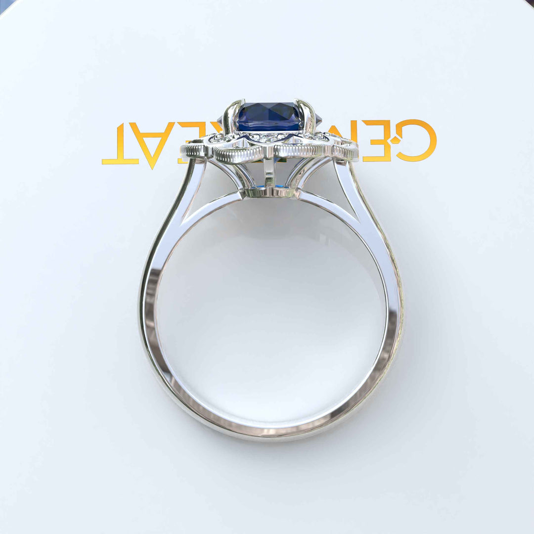 Deep Azure Dream: Round London Blue Topaz Ring with Moissanite Halo Brilliance