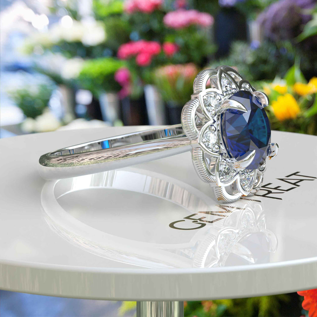 Deep Azure Dream: Round London Blue Topaz Ring with Moissanite Halo Brilliance