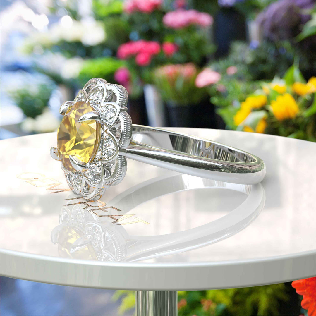 Sapphire Splendor: Floral Round Yellow Sapphire Halo Ring