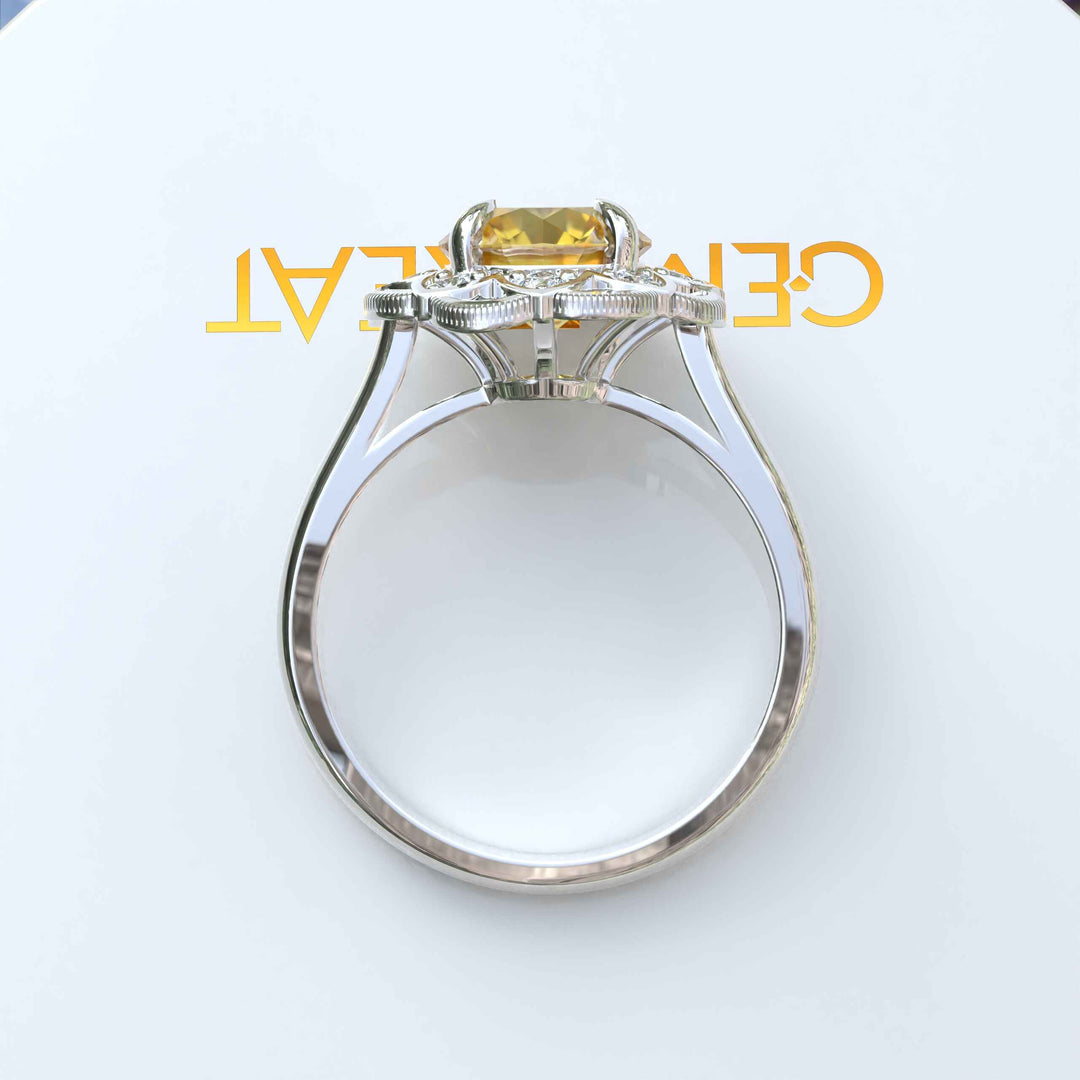 Sapphire Splendor: Floral Round Yellow Sapphire Halo Ring