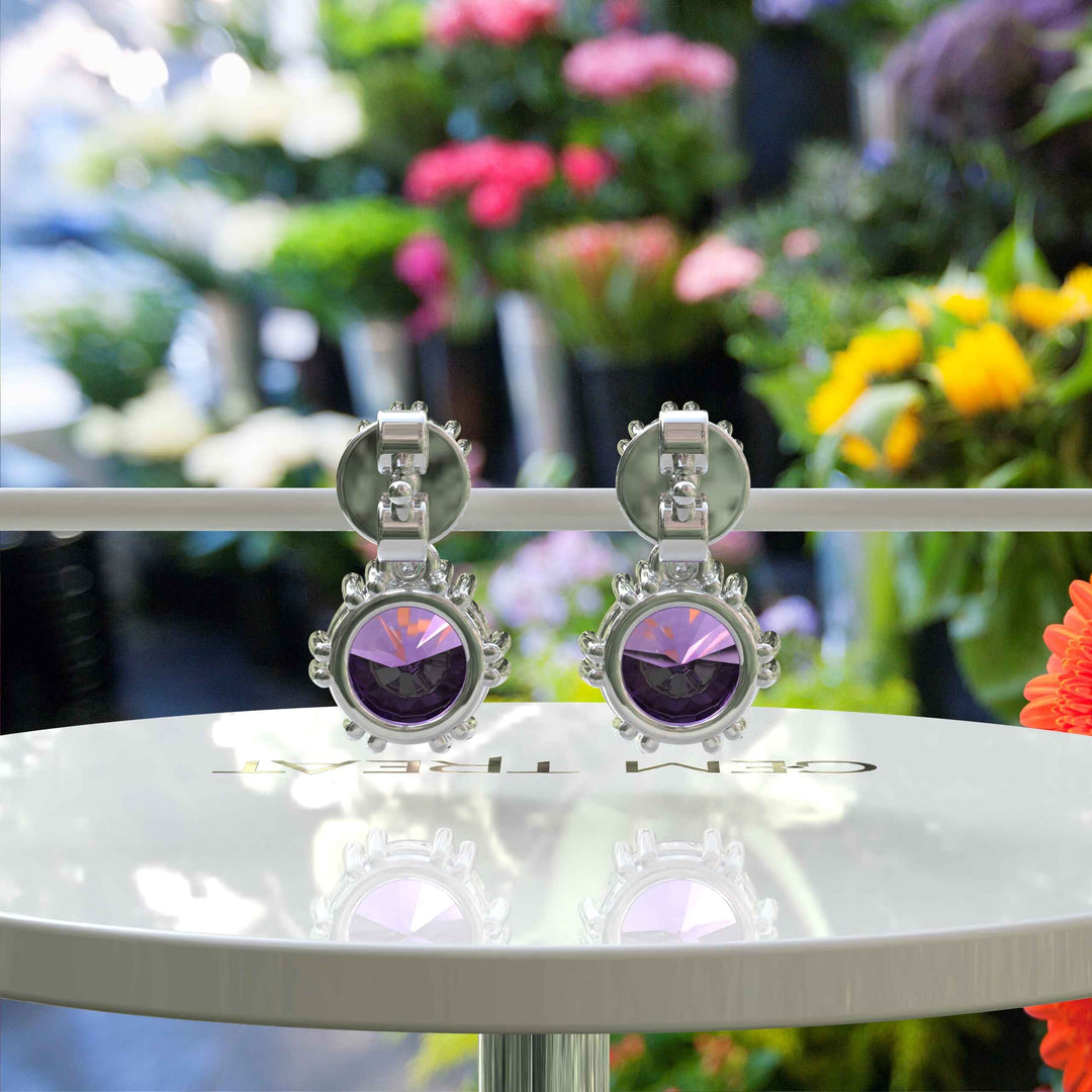 Lavender Gleam: Round Amethyst Drop Earrings in Sterling Silver.