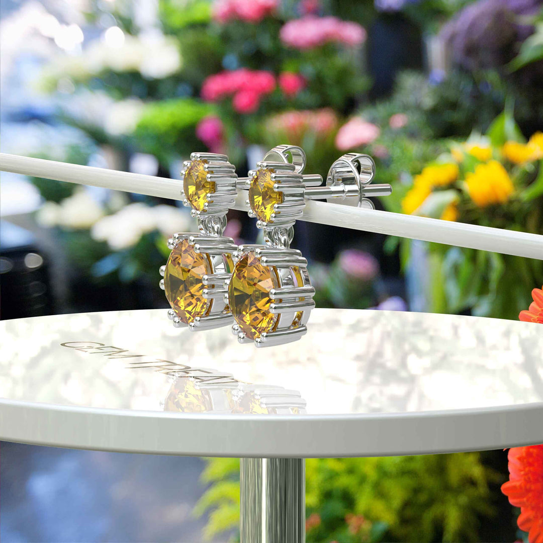 Sunburst Splendor: Delicate Round Citrine Drop Earrings for Enchanting Charm.