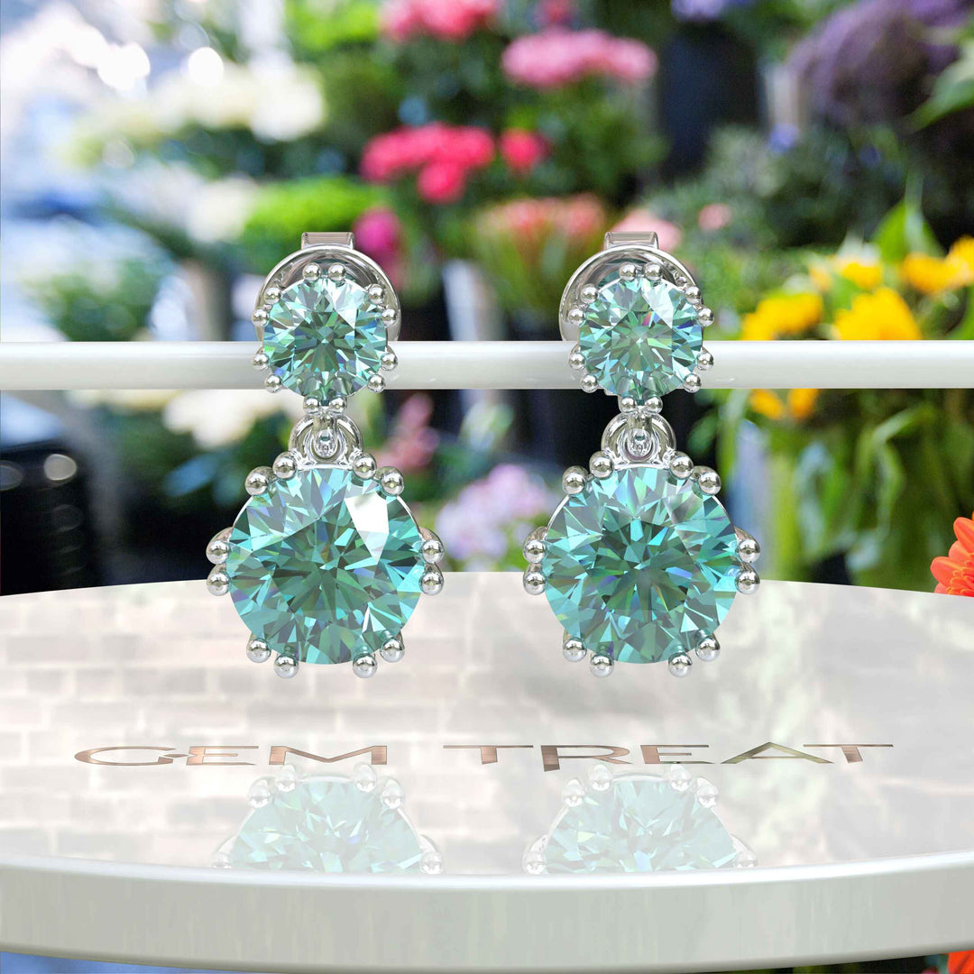 Ocean Depths: Cyan Blue Moissanite Round Drop Earrings.