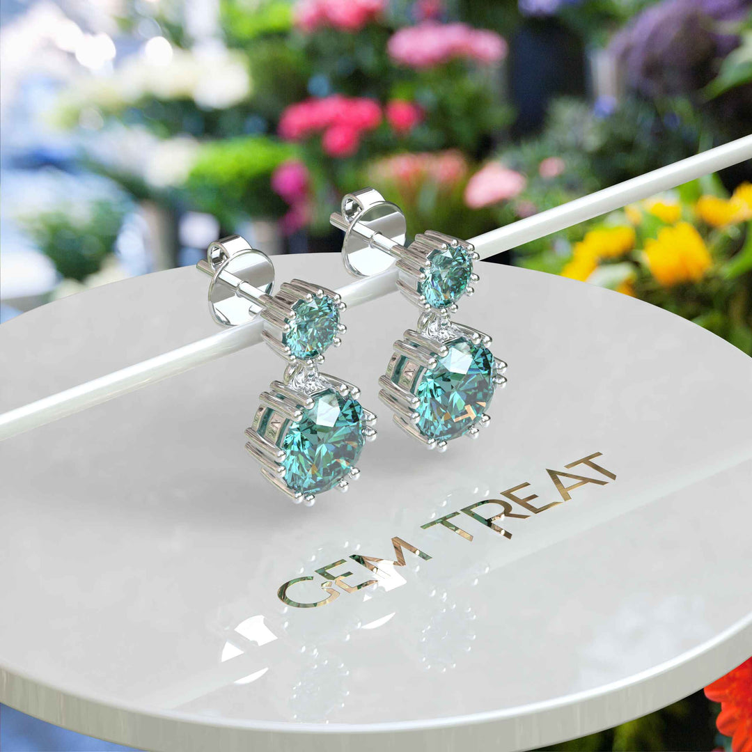 Ocean Depths: Cyan Blue Moissanite Round Drop Earrings.