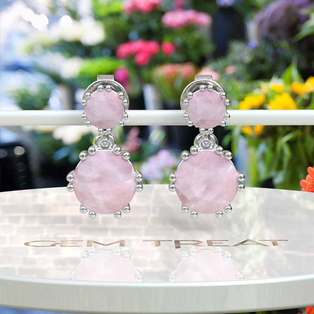 Pink Harmony: Smooth Round Rose Quartz Drop Earrings