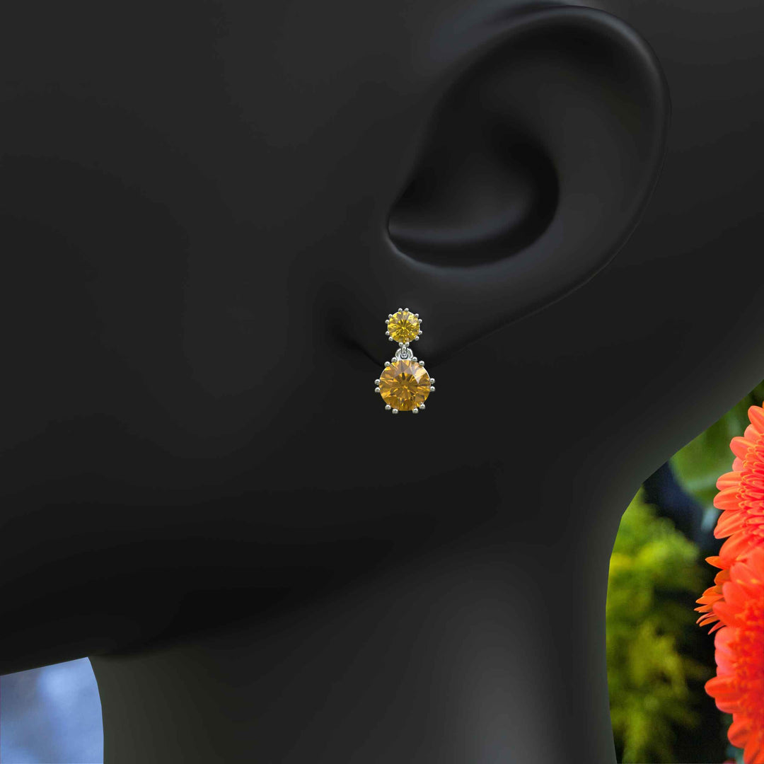 Sunburst Splendor: Delicate Round Citrine Drop Earrings for Enchanting Charm.