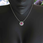 Load image into Gallery viewer, Radiant Elegance: Round Pink Sapphire Pendant Necklace Encircled by Double Moissanite Halos
