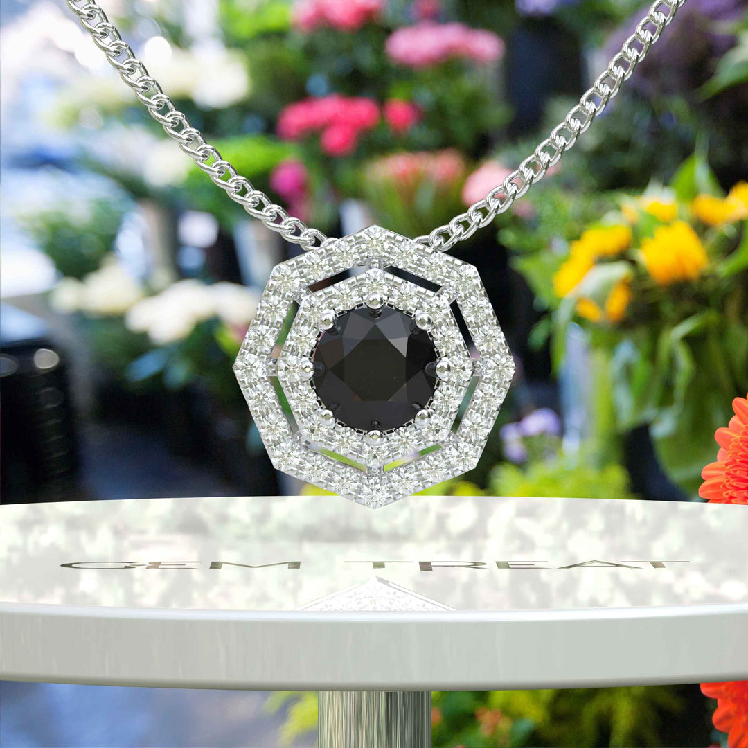 Luxurious Round Black Onyx Pendant Necklace, Encased in Dual Moissanite Halos