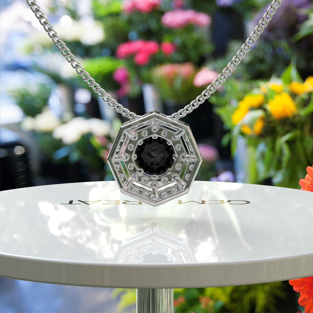 Luxurious Round Black Onyx Pendant Necklace, Encased in Dual Moissanite Halos