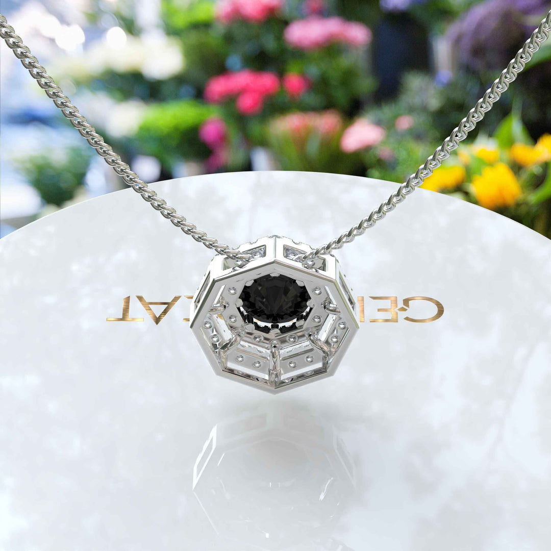 Luxurious Round Black Onyx Pendant Necklace, Encased in Dual Moissanite Halos