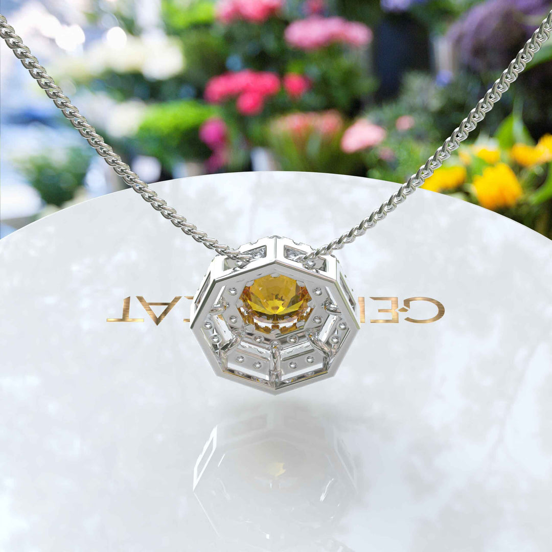 Sunburst Splendor: Unleashing a Round Citrine, Encased in Moissanite Double Halo Pendant Necklace Brilliance