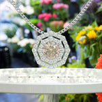 Load image into Gallery viewer, Blush Harmony: Round Morganite Solitaire Pendant Necklace Adorned with Double Moissanite Halo
