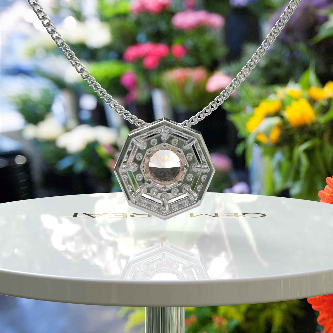 Blush Harmony: Round Morganite Solitaire Pendant Necklace Adorned with Double Moissanite Halo