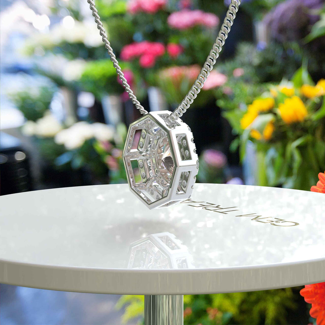 Blush Harmony: Round Morganite Solitaire Pendant Necklace Adorned with Double Moissanite Halo