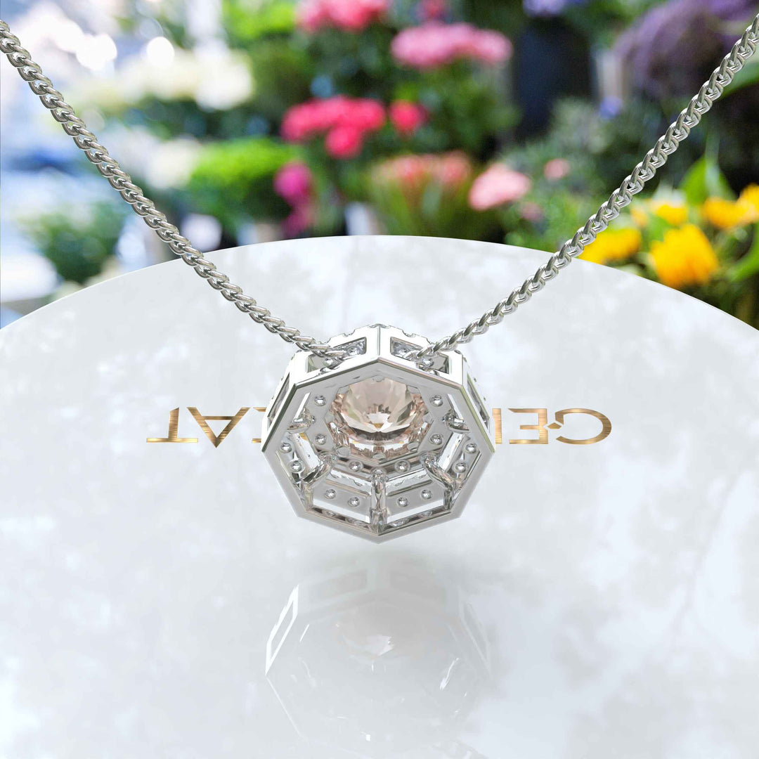 Blush Harmony: Round Morganite Solitaire Pendant Necklace Adorned with Double Moissanite Halo