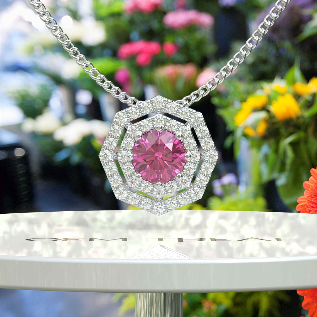 Radiant Elegance: Round Pink Sapphire Pendant Necklace Encircled by Double Moissanite Halos