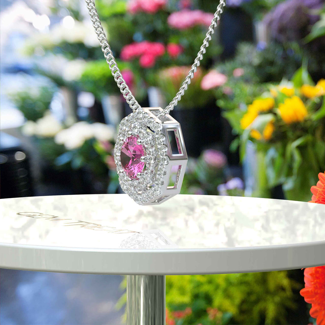 Radiant Elegance: Round Pink Sapphire Pendant Necklace Encircled by Double Moissanite Halos