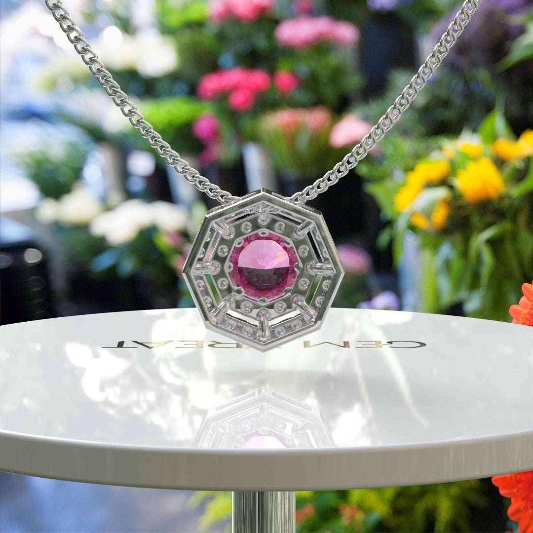 Radiant Elegance: Round Pink Sapphire Pendant Necklace Encircled by Double Moissanite Halos