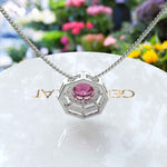 Load image into Gallery viewer, Radiant Elegance: Round Pink Sapphire Pendant Necklace Encircled by Double Moissanite Halos
