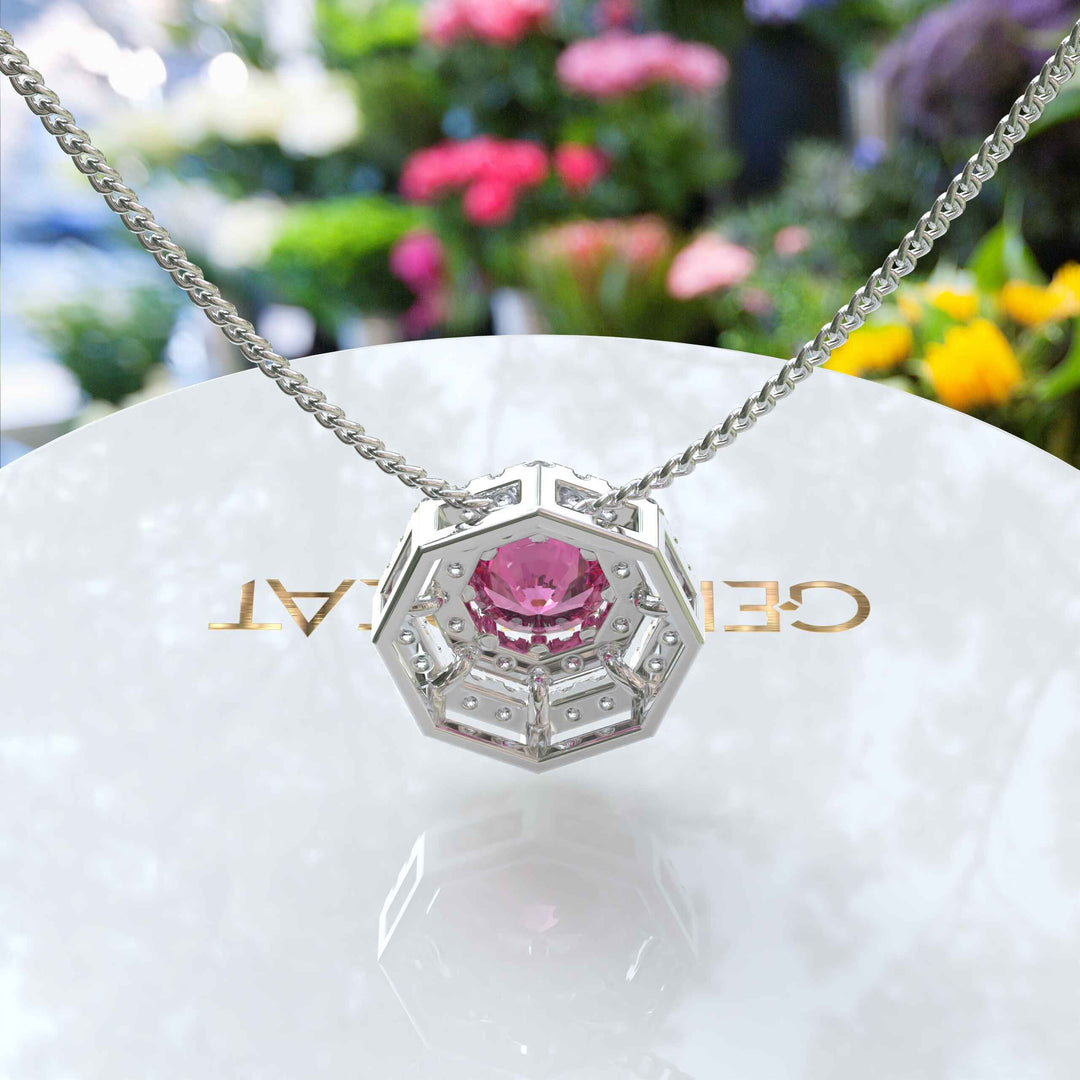 Radiant Elegance: Round Pink Sapphire Pendant Necklace Encircled by Double Moissanite Halos