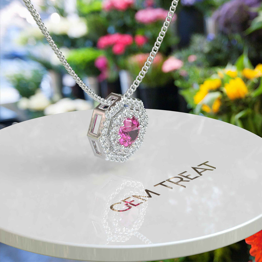 Radiant Elegance: Round Pink Sapphire Pendant Necklace Encircled by Double Moissanite Halos