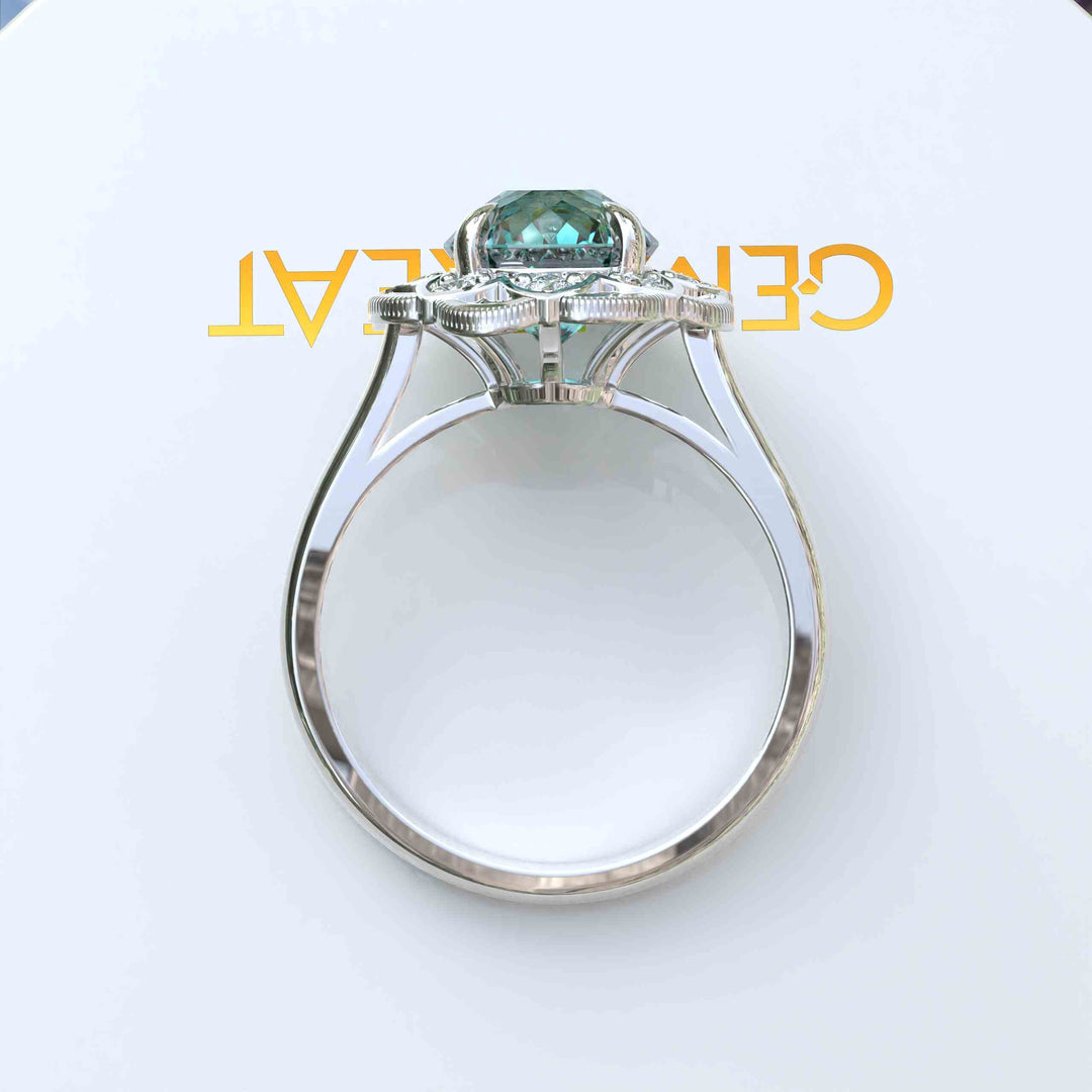 Garden of Glow: Floral Style Halo Ring with Dazzling Portuguese Cut Cyan Blue Moissanite in Silver