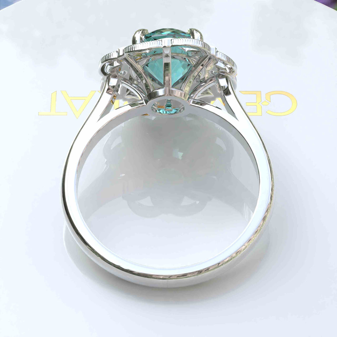 Garden of Glow: Floral Style Halo Ring with Dazzling Portuguese Cut Cyan Blue Moissanite in Silver