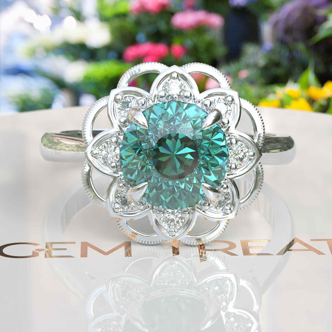 Garden of Glow: Floral Style Halo Ring with Dazzling Portuguese Cut Cyan Blue Moissanite in Silver