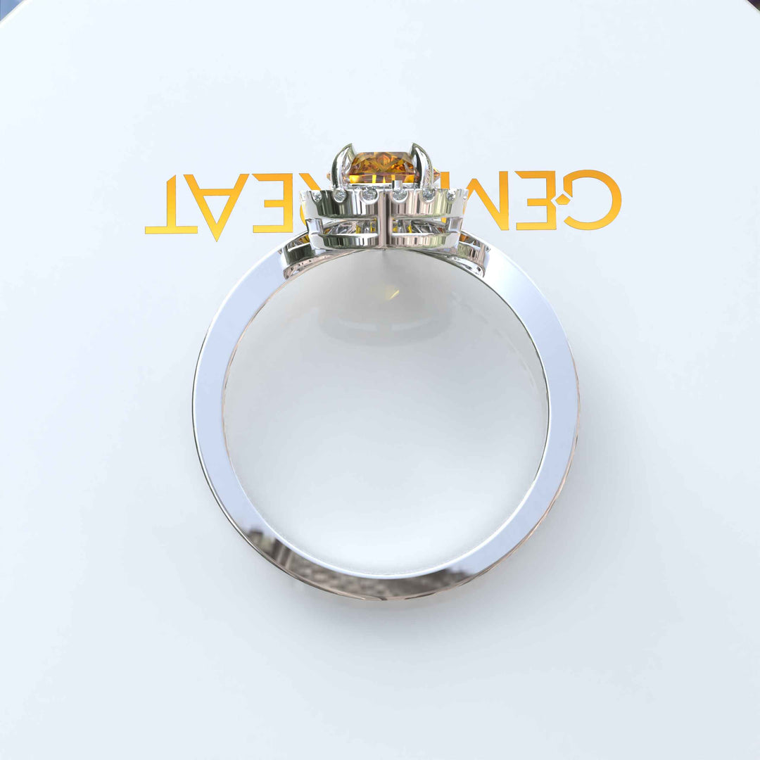 Golden Drop Splendor: Citrine Ring in Pear Cut with Moissanite Halo Highlights