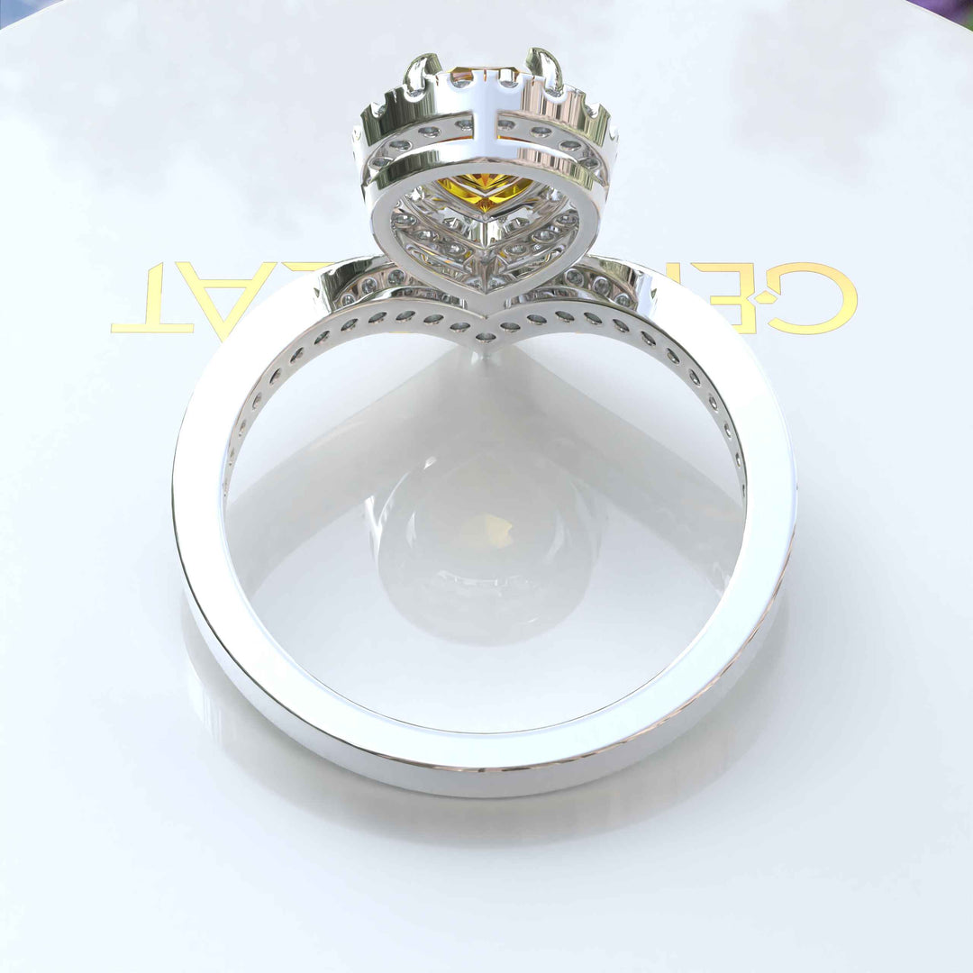 Golden Drop Splendor: Citrine Ring in Pear Cut with Moissanite Halo Highlights