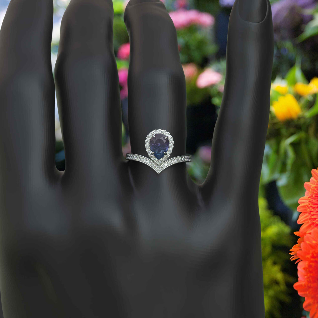 Alexandrite Pear Cut Halo Ring – Timeless Beauty in Silver