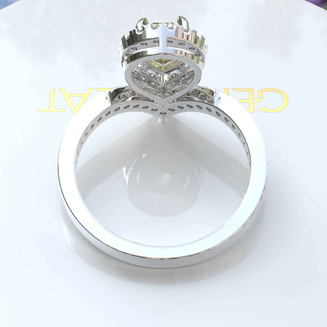 Harvest Glow: Pear-Shaped Yellow Moissanite Halo Engagement Ring in Timeless Silver Design