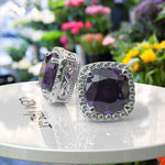 Load image into Gallery viewer, Lavish Lilac Luster: 8.0ctw Cushion Cut Amethyst Halo Stud Earrings.
