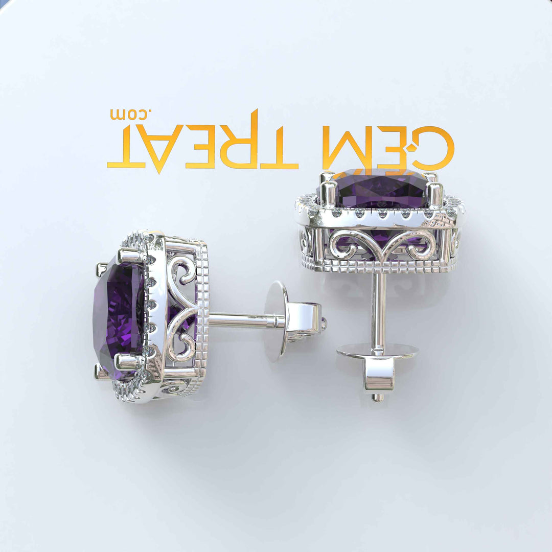 Lavish Lilac Luster: 8.0ctw Cushion Cut Amethyst Halo Stud Earrings.